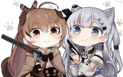 2girls :3 ahoge animal_ears black_ribbon braid braided_bangs brown_capelet brown_cloak brown_corset brown_eyes brown_hair capelet cat_ears cloak corset dog_ears elbow_cutout feather_hair_ornament feathers glock gloves grey_hair gun gyaheung hair_ornament hair_ribbon hairclip handgun hieroglyphics holding holding_gun holding_weapon hololive hololive_english hololive_indonesia long_hair multicolored_hair multiple_girls nanashi_mumei nanashi_mumei_(1st_costume) partially_fingerless_gloves paw_print paw_print_background ponytail ribbon shirt shotgun smile streaked_hair very_long_hair vestia_zeta vestia_zeta_(1st_costume) virtual_youtuber weapon white_shirt