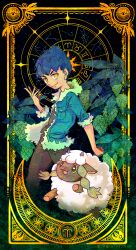 Rule 34 | 1boy, black pants, black shirt, blue hair, blue jacket, closed mouth, commentary request, constellation, creatures (company), dark-skinned male, dark skin, game freak, gen 3 pokemon, gen 8 pokemon, highres, hop (pokemon), jacket, leaf, lunatone, male focus, nintendo, open clothes, open jacket, open mouth, pants, poke ball symbol, pokemon, pokemon (creature), pokemon swsh, shirt, short hair, sky, smile, star (sky), starry sky, wooloo, yellow eyes, yyy9696yyy, zodiac