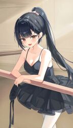 1girl against_railing ballerina ballet_slippers barre black_dress black_hair breasts brown_hair cleavage dress highres long_hair looking_at_viewer medium_breasts nanna_(heyj2888) original pantyhose parted_lips ponytail railing shoes smile solo spaghetti_strap tutu unworn_shoes white_pantyhose