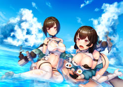 2girls absurdres all_fours atago_(blue_oath) bare_shoulders black_bra black_gloves black_hair black_panties blue_jacket blue_oath boots bra breasts cellphone cleavage damaged day dress emoji gloves green_jacket high_heel_boots high_heels highres holding holding_phone jacket large_breasts long_hair multiple_girls navel nichesnake no_bra ocean off_shoulder open_mouth outdoors panties phone sailor_collar short_hair sitting sky smartphone smile stomach sweatdrop takao_(blue_oath) thigh_strap thighhighs thighs torn_clothes torn_legwear underwear water white_dress white_footwear white_legwear yokozuwari