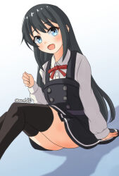 Rule 34 | 1girl, asashio (kancolle), asashio kai ni (kancolle), black dress, black hair, black thighhighs, blue background, blue eyes, collared shirt, dress, dress shirt, gradient background, highres, kantai collection, long hair, nawohata, neck ribbon, one-hour drawing challenge, pinafore dress, red ribbon, ribbon, shadow, shirt, sitting, sleeveless, sleeveless dress, smile, solo, thighhighs, white shirt