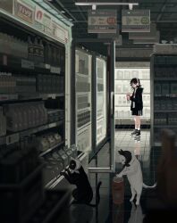 1girl animal black_cat black_eyes black_hair black_headscarf black_jacket black_shoes black_shorts blurry blurry_foreground bottle can cat convenience_store dark gauze gauze_on_cheek gauze_on_leg glass_door_refrigerator grocery_store headphones headscarf highres holding hood hood_down hooded_jacket indoors jacket lan_(ngtblan) milk_carton open_clothes open_jacket original reflection refrigerator shelf shirt shoes shop short_hair shorts sign socks solo standing water_bottle white_cat white_headscarf white_shirt white_socks