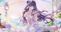 Rule 34 | 1girl, alternate costume, armpit crease, blunt bangs, blurry, blurry background, breasts, cat23, chinese commentary, cleavage, cloud, cloudy sky, collarbone, depth of field, dress, fan hair ornament, flower, flower ornament, genshin impact, hair down, hair flowing over, hair ornament, head tilt, highres, holding, large breasts, looking at viewer, mole, mole under eye, multicolored hair, parted lips, purple eyes, purple flower, purple hair, purple nails, raiden shogun, see-through clothes, see-through sleeves, short sleeves, sitting, sky, solo, streaked hair, upper body, wavy hair