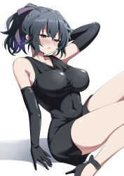 1girl absurdres arm_behind_head black_dress black_eyes black_gloves black_hair black_ribbon black_shoes blush breasts commentary_request commission covered_navel dress elbow_gloves gloves grey_background hair_ribbon high_heels highres karasuma_kuroe large_breasts ou-sama_no_propose parted_lips ponytail ribbon shadow shoes simple_background sitting skeb_commission sleeveless sleeveless_dress solo yamada_otonari