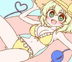 1girl :d bikini blue_background blush breasts brown_hat cleavage commentary frilled_bikini frills green_eyes green_hair hat heart heart-shaped_pupils heart_of_string innertube ketsumaimo komeiji_koishi large_breasts looking_at_viewer navel open_mouth short_hair smile solo straw_hat swim_ring swimsuit symbol-shaped_pupils third_eye touhou