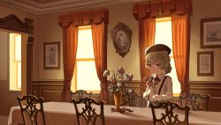 1girl beret black_hat brown_eyes brown_hair chair christianity closed_mouth collared_shirt commentary cowboy cowboy_western curtains dining_room doorway flower hat hatoba_tsugu highres holding holding_flower horse house indoors jesus long_sleeves long_table looking_at_viewer medium_hair mole mole_under_eye oukayu overexposure painting_(object) pink_flower plant potted_plant raised_eyebrows scenery shirt shirt_tucked_in sidelighting smile solo standing suspenders table tablecloth the_bible tsugu_(vtuber) vase victorian virgin_mary virtual_youtuber western white_flower wilted_flower window