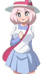 Rule 34 | 1girl, absurdres, blue eyes, hat, highres, miniskirt, nintendo, pink hair, pokemon, pokemon bw2, simple background, skirt, solo, white background, yancy (pokemon), yugo-eti