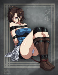 1girl artist_name ass bdsm blue_eyes blue_tube_top bondage boots bound breasts brown_boots brown_hair clothes_around_waist commission highres jill_valentine karosu_maker looking_at_viewer one_eye_closed panties resident_evil resident_evil_3:_nemesis short_hair signature sitting smile strapless sweater sweater_around_waist tube_top underwear white_panties
