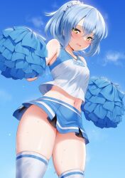 1other arms_up bare_shoulders blue_hair blue_skirt blue_sky blue_theme blush breasts cheerleader covered_erect_nipples crossed_bangs embarrassed eyelashes groin hair_between_eyes highres holding holding_pom_poms light_blue_hair long_hair looking_at_viewer m-da_s-tarou microskirt midriff miniskirt navel open_mouth outdoors pleated_skirt pom_pom_(cheerleading) pom_poms ponytail rimuru_tempest shiny_skin shirt skirt sky sleeveless small_breasts solo sweat tensei_shitara_slime_datta_ken thighs white_shirt yellow_eyes