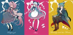 1boy 2girls alice_(alice_in_wonderland) alice_(alice_in_wonderland)_(cosplay) alice_in_wonderland apron aqua_hair bad_id bad_pixiv_id beauty_and_the_beast blush boots candle cape card closed_eyes coat cosplay cup dress floating_card flower formal_clothes green_eyes grimm&#039;s_fairy_tales hair_ribbon hand_mirror hand_on_another&#039;s_chest hand_on_own_chest hatsune_miku highres horns kaito_(vocaloid) long_hair long_sleeves mary_janes megurine_luka mirror multiple_girls pantyhose parody pink_hair playing_card prince_adam rapunzel rapunzel_(cosplay) rapunzel_(grimm) ribbon shinji_(secound2ikari) shoes simple_background teacup thighhighs twintails very_long_hair vocaloid white_legwear