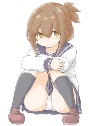 Rule 34 | 1girl, akara kai, black sailor collar, black skirt, black socks, brown eyes, brown hair, brown shoes, folded ponytail, highres, inazuma (kancolle), kantai collection, loafers, long hair, looking at viewer, panties, pantyshot, pleated skirt, sailor collar, sailor shirt, school uniform, serafuku, shirt, shoes, simple background, sitting, skirt, socks, solo, underwear, white background, white panties, white shirt