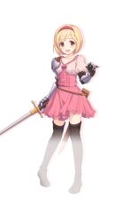 1girl :d armor black_boots blonde_hair blush boots brown_eyes djeeta_(granblue_fantasy) dress drop_shadow full_body hairband hand_up holding holding_sword holding_weapon looking_at_viewer official_art open_mouth pauldrons pink_dress princess_connect! red_hairband rerebrace short_hair shoulder_armor simple_background single_pauldron smile standing swept_bangs sword tachi-e thigh_boots transparent_background weapon