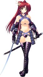 Rule 34 | 1girl, amazuyu tatsuki, arm strap, armor, bare shoulders, belt, bikini armor, black boots, black gloves, black thighhighs, boots, breasts, brown eyes, center opening, choker, cleavage, cleavage cutout, closed mouth, clothing cutout, collar, criss-cross halter, crop top, elbow gloves, female focus, flower, full body, gloves, hair ornament, hair stick, halterneck, headband, highres, holding, holding sword, holding weapon, japanese armor, katana, kousaka tamaki, kusazuri, lace-up boots, large breasts, legs together, light smile, long hair, looking at viewer, navel, official art, orb, pink flower, red hair, sheath, shoulder armor, smile, sode, solo, standing, straight hair, studded belt, sword, thigh boots, thigh gap, thighhighs, to heart (series), to heart 2, to heart 2 dungeon travelers, transparent background, underbust, unsheathed, very long hair, weapon