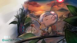 Rule 34 | 2boys, artist name, backpack, bag, beach, brown hair, closed eyes, colored skin, flower, from behind, gloves, happy, helmet, highres, hocotate, hug, lake, leaf, louie (pikmin), male focus, mini person, miniboy, mk21673326, multiple boys, nintendo, olimar, on branch, onion (pikmin), outdoors, pikmin (creature), pikmin (series), pointy ears, radio antenna, red bag, red gloves, rock, rocket, short hair, silhouette, sitting, space helmet, spacesuit, sunset, twitter username, very short hair, whistle, yellow pikmin, yellow skin