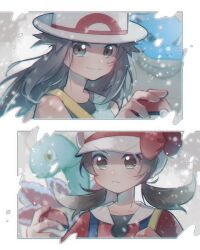 2girls bare_shoulders blastoise blue_shirt bow brown_eyes brown_hair closed_mouth game_freak gen_1_pokemon gen_2_pokemon hat hat_bow holding holding_poke_ball leaf_(pokemon) lyra_(pokemon) maccha_pamocute meganium multiple_girls nintendo poke_ball poke_ball_(basic) pokemon pokemon_(creature) pokemon_frlg pokemon_hgss red_bow red_shirt shirt sleeveless sleeveless_shirt smile snow twintails upper_body white_hat