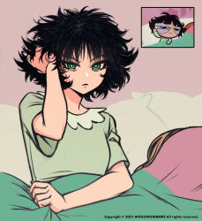 Rule 34 | apoloniodraws, bags under eyes, bed, black hair, buttercup (ppg), buttercup redraw challenge (meme), curly hair, derivative work, green eyes, green pajamas, highres, looking at viewer, meme, messy hair, pajamas, powerpuff girls, screenshot redraw, short hair
