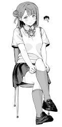 absurdres blush chair chibi chibi_inset closed_mouth collared_shirt commentary_request embarrassed greyscale hair_bun hair_ornament hairclip highres kneehighs korean_commentary loafers looking_at_viewer love_live! love_live!_nijigasaki_high_school_idol_club medium_hair meobbab2 miniskirt monochrome neck_ribbon nijigasaki_school_uniform on_chair pleated_skirt putting_on_legwear raised_inner_eyebrows ribbon school_uniform shirt shoes short_sleeves simple_background single_hair_bun single_side_bun sitting skirt small_sweatdrop socks solo_focus sweater_vest takasaki_yu uehara_ayumu