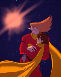 2boys belt big_nose black_belt brown_hair coat cyborg cyborg_009 dynamic_pose explosion hair_over_one_eye hand_on_another&#039;s_shoulder highres jet_link long_hair looking_back multiple_boys orange_hair pants red_coat red_pants scarf shimamura_joe space y02skman yellow_scarf