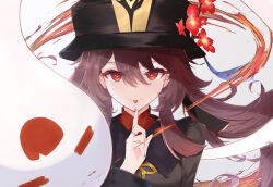 1girl :p black_nails boo_tao_(genshin_impact) brown_hair chinese_clothes collared_coat flower flower-shaped_pupils genshin_impact ghost hair_between_eyes hat hat_flower highres hu_tao_(genshin_impact) jewelry long_hair long_sleeves looking_at_viewer multiple_rings pisuke_(user_kcmh2774) plum_blossoms porkpie_hat red_eyes red_shirt ring shirt symbol-shaped_pupils tongue tongue_out twintails