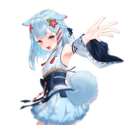 1girl :d :o animal_ears armpits beckoning blue_bow blue_hair blue_sash blue_tail blurry bow braid center-flap_bangs commentary_request cropped depth_of_field detached_sleeves dog_ears dog_girl dog_tail dress fang flat_chest floppy_ears floral_print floral_print_dress flower from_side furisode_sleeves hair_flower hair_ornament hairclip half_up_braid highres japanese_clothes komai_ume leaf_hair_ornament long_sleeves looking_at_viewer medium_hair nontraditional_miko obi obijime official_art open_mouth outstretched_arm palms parallel_hairclips pleated_dress print_dress red_eyes red_flower sash short_dress simple_background sleeveless smile solo spread_fingers tail tassel twisted_torso variant_set varium virtual_youtuber waist_bow white_background white_dress white_sleeves wide_sleeves yasuyuki