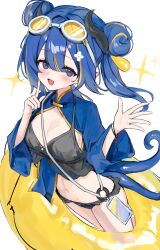 Rule 34 | 1girl, absurdres, badge, bikini, black horns, blonde hair, blue collar, blue dress, blue hair, blush, breasts, chinese clothes, cleavage, cleavage cutout, clothing cutout, collar, commentary request, double bun, dress, eyewear on head, frilled bikini, frills, glasses, hair between eyes, hair bun, highres, horns, long hair, long sleeves, looking at viewer, medium breasts, multicolored hair, open clothes, open mouth, original, shiro wa (shiroshironix), simple background, swimsuit, tail, tankini, two-tone hair, white background