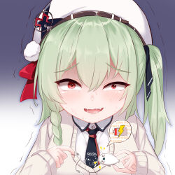 Rule 34 | 1girl, battery indicator, beret, black necktie, blush, braid, cardigan, collared shirt, cord pull, crime prevention buzzer, gradient background, green hair, hair between eyes, hat, highres, huanxiang koudai meow, indie virtual youtuber, long hair, long sleeves, looking at viewer, mesugaki, mozhe inkian, necktie, nervous, nervous sweating, one side up, portrait, raised inner eyebrows, red eyes, saliva, shirt, simple background, solo, spoken battery, sweat, tears, trembling, turn pale, uneven eyes, upper body, wavy mouth, white hat, white shirt