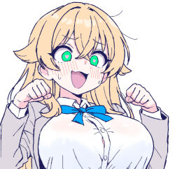 1girl :3 blonde_hair blue_bow blue_bowtie blush bow bowtie breasts bungeiman_masa collared_shirt crossed_bangs flipped_hair furrowed_brow green_eyes grey_jacket hair_between_eyes hands_up heart heart-shaped_pupils jacket large_breasts long_hair messy_hair open_clothes open_jacket open_mouth original paw_pose shirt simple_background solo sweatdrop sweaty_clothes symbol-shaped_pupils upper_body white_background white_shirt