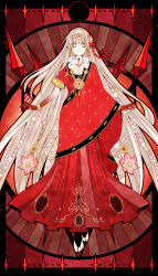 Rule 34 | 1girl, absurdres, barefoot, beni okame, closed eyes, colored skin, dress, durga (fate), earrings, fate/grand order, fate (series), flower, gold earrings, gold necklace, gradient skin, highres, indian clothes, jewelry, long dress, long hair, lotus, necklace, orb, red dress, red skin, snake, solo, stained glass, very long hair, white hair