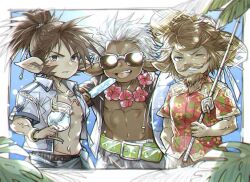 3boys abs commentary_request cup dark-skinned_male dark_skin facial_hair facing_viewer fishing_rod flower flower_necklace food goatee granblue_fantasy hand_in_pocket hat holding holding_cup holding_fishing_rod holding_food holding_popsicle iha_tobu jacket jewelry looking_at_viewer male_focus multiple_boys mustache necklace open_clothes open_jacket open_mouth open_shirt pectorals pointy_ears ponytail popsicle sevilbarra sideburns skull_(granblue_fantasy) smile straw_hat sunglasses toned toned_male tongue tongue_out white_hair yodarha_(granblue_fantasy)