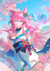 1girl absurdres ahri_(league_of_legends) animal_ears bare_shoulders bell blue_eyes bow breasts cherry_blossoms cleavage facial_mark fox_ears hair_bell hair_between_eyes hair_ornament hair_ribbon highres japanese_clothes kimono league_of_legends long_hair looking_at_viewer off_shoulder parted_lips pink_hair ribbon smile solo whisker_markings yuanyi163
