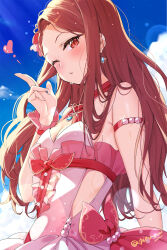 1girl armlet bare_shoulders blue_sky blurry blurry_background blush bow breasts brown_hair cleavage clothing_cutout cloud dress earrings forehead from_below from_side glint hair_ornament heart highres idolmaster idolmaster_(classic) idolmaster_million_live! idolmaster_million_live!_theater_days jewelry lens_flare long_hair looking_at_viewer minase_iori necklace nira_(vira) o3o one_eye_closed pink_dress red_bow red_eyes sky sleeveless sleeveless_dress small_breasts smile solo sunlight twitter_username upper_body w wet wrist_cuffs