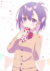 Rule 34 | 1girl, absurdres, arm behind back, bad id, bad pixiv id, bow, bowtie, brown cardigan, candy, cardigan, chocolate, chocolate bar, collared shirt, commentary request, falling petals, food, gabriel dropout, hair between eyes, hair ornament, heart-shaped petals, highres, holding, light blush, long sleeves, looking at viewer, petals, purple eyes, purple hair, red bow, red bowtie, rinkarinne, school uniform, shirt, short hair, signature, smile, solo, upper body, valentine, vignette tsukinose april, white shirt, x hair ornament