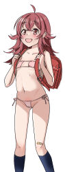 1girl ahoge backpack bag bandaid bandaid_on_knee bandaid_on_leg bikini black_socks blush collarbone crossed_bangs eyepatch_bikini flat_chest highres holding_strap idolmaster idolmaster_shiny_colors kneehighs komiya_kaho long_hair looking_at_viewer navel open_mouth pink_bikini randoseru red_bag red_eyes red_hair side-tie_bikini_bottom simple_background smile socks solo standing strapless strapless_bikini string_bikini sumiyama swimsuit white_background