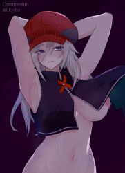1girl alisa_ilinichina_amiella armpits arms_up bare_shoulders black_background black_vest blue_eyes blush breasts newsboy_cap commentary commission cowboy_shot cropped_vest eruda_erudia god_eater god_eater_burst grey_hair groin hair_between_eyes hat highres inverted_nipples lactation large_breasts long_hair navel nipples parted_lips plaid_clothes red_hat sidelocks simple_background solo standing stomach twitter_username vest vest_lift