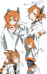 1girl a.i._voice adachi_rei animal_ears arms_up belt black_hairband black_undershirt blush cat_ears cat_girl cat_tail closed_mouth disembodied_hand dot_mouth expressionless folded_hair gloves hair_between_eyes hair_over_one_eye hairband headlamp highres hirune_(suiminbusoku118) jacket kemonomimi_mode long_sleeves looking_at_viewer medium_hair motion_lines multiple_views one_eye_closed open_clothes open_jacket orange_belt orange_eyes orange_hair pants parted_lips radio_antenna scratching_cheek shirt simple_background sleeves_past_fingers sleeves_past_wrists smile stretching sweater tail translation_request turtleneck turtleneck_shirt white_background white_gloves white_jacket white_pants white_sweater