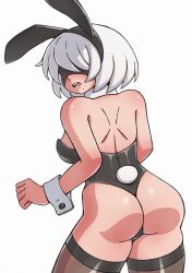 1girl 2b_(nier:automata) absurdres animal_ears ass back blindfold breasts from_behind highres huge_ass leotard long_socks looking_at_viewer mole nier:automata nier_(series) open_clothes open_mouth playboy_bunny rabbit_ears rabbit_girl rabbit_tail short_hair simple_background solo tail teeth tixxto tongue white_background white_hair