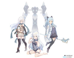 Rule 34 | 1other, 3girls, absurdres, altina orion, animal ear hairband, animal ears, bilibili username, blue hair, boots, cat ear hairband, cat ears, claiomh solais (kiseki), covered navel, crop top, cropped jacket, double-parted bangs, dual wielding, eiyuu densetsu, fake animal ears, fie claussell, floating hair, floating scarf, full body, green eyes, gunblade, hair between eyes, hairband, hajimari no kiseki, high heel boots, high heels, highres, holding, holding staff, holding weapon, kneehighs, long hair, looking at viewer, mage staff, multiple girls, n100924, panties, pantyshot, parted bangs, robot, scarf, sen no kiseki, sen no kiseki (series), sen no kiseki iv, sidelocks, simple background, sitting, smile, socks, staff, tio plato, twitter username, underwear, weapon, white background, white hair, yellow eyes