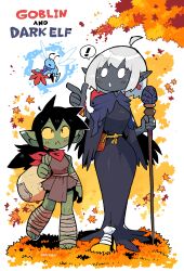 Rule 34 | absurdres, autumn, autumn leaves, black hair, colored sclera, colored skin, dark elf, elf, english text, fang, female goblin, foot wraps, goblin, green skin, grey skin, height difference, highres, leaf, mage staff, monster girl, no pupils, original, pointy ears, ponytail, rariatto (ganguri), white hair, yellow sclera