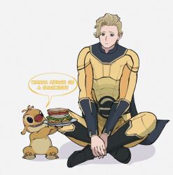 1boy animal_ears animal_nose belt black_belt black_boots black_cape black_eyes blonde_hair bodysuit boots cape claws closed_mouth commentary creature crossover english_text food highres holding holding_plate lilo_&amp;_stitch looking_at_another marvel marvel_cinematic_universe open_mouth plate sandwich sentry_(marvel) shadow short_hair simple_background sitting smile speech_bubble superhero_costume symbol-only_commentary thunderbolts_(movie) white_background yamuoez yellow_bodysuit yellow_fur