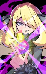 Rule 34 | 1girl, black background, black coat, blonde hair, coat, cosmetics, cynthia (pokemon), grey eyes, hair ornament, hair over one eye, highres, holding, holding lipstick tube, inana umi, lipstick tube, long hair, long sleeves, looking at viewer, mega evolution symbol, nintendo, pokemon, pokemon (anime), pokemon journeys, purple aura, smile, solo, very long hair