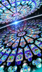 black_background blue_theme commentary dutch_angle fate/grand_order fate/hollow_ataraxia fate_(series) foreshortening glowing lasengle lens_flare light_particles mosaic_art no_humans official_art stained_glass still_life