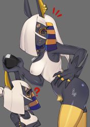 ? absurdres ancient_egyptian ancient_egyptian_clothes animal_ears anus armpit_crease blonde_pubic_hair breasts bugita character_name cleavage closed_mouth colored_sclera colored_skin covered_erect_nipples crossed_arms ear_piercing earrings fang fang_out female_pubic_hair food food_on_face grey_background grey_eyes grey_skin hair_bun hand_on_own_hip highres holding holding_food jewelry long_hair looking_at_viewer multiple_views nipple_piercing onigiri orange_sclera original piercing pinky_ring pubic_hair ring signature simple_background single_hair_bun skindentation thighhighs thumb_ring white_hair yellow_legwear