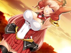 1girl armpits arms_up bdsm black_gloves black_thighhighs blush bondage bound bound_wrists breasts cleavage clenched_teeth covered_erect_nipples covered_navel detached_sleeves dutch_angle exs-tia_chevalier game_cg gem gloves hassen_(8cm) kouyoku_senki_exs-tia large_breasts large_variant_set long_hair looking_at_viewer non-web_source official_art outdoors pink_eyes pink_hair pleated_skirt purple_eyes red_skirt restrained rieszverne_suzette_paladill showgirl_skirt skirt sky solo sunset sweat teeth thighhighs variant_set very_long_hair zettai_ryouiki