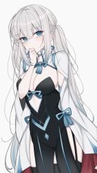 :/ absurdres alternate_hairstyle arm_at_side black_dress black_thighhighs blue_bow blue_bowtie blue_eyes blue_hair bow bowtie braid breasts cleavage closed_mouth clothing_cutout cowboy_shot dress fate/grand_order fate_(series) frown garter_straps gradient_hair half_up_braid hand_on_own_chin hand_up highres long_hair long_sleeves looking_to_the_side low_twintails mati5572 medium_breasts morgan_le_fay_(fate) multicolored_hair pelvic_curtain popped_collar shrug_(clothing) side_slit simple_background strapless strapless_dress stroking_own_chin tassel thighhighs twintails very_long_hair white_background white_hair white_shrug wide_sleeves
