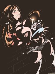 Rule 34 | 1girl, artist name, bleach, breasts, brown eyes, female focus, highres, inoue orihime, large breasts, long hair, mature female, maxi, nipples, open mouth, orange hair, panties, text focus, translation request, underwear