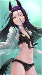 1girl a4_(a4_eishi) absurdres ahoge animal_ears bangs_pinned_back bikini black_bikini breasts collarbone flower frilled_bikini frills grey_hair hair_between_eyes hair_flower hair_ornament highres horse_ears horse_girl horse_tail jacket jewelry long_bangs long_hair long_hair_between_eyes looking_at_viewer manhattan_cafe_(the_bubbles_that_i_see_with_you)_(umamusume) manhattan_cafe_(umamusume) multicolored_hair navel necklace official_alternate_costume official_alternate_hairstyle see-through_clothes see-through_jacket small_breasts solo swimsuit tail umamusume variant_set very_long_hair wet wet_jacket white_flower white_jacket yellow_eyes