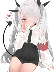 1girl armband black_necktie black_skirt blue_archive blush breast_pocket closed_mouth commentary cowboy_shot demon_tail furrowed_brow grey_hair hair_over_one_eye heart high-waist_skirt highres iori_(blue_archive) long_hair long_sleeves looking_at_viewer miniskirt necktie one_eye_covered pink_eyes pocket red_armband see-through_clothes see-through_shirt shiokarubi shirt shirt_tucked_in simple_background skirt sleeves_past_wrists solo spoken_blush spoken_heart tail twintails white_background white_shirt
