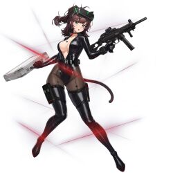1girl :o ahoge animal_ear_headphones animal_ears belt belt_collar belt_pouch black_belt black_boots black_collar black_gloves black_leotard boots bracelet breasts briefcase brown_hair brown_pantyhose cameltoe cat_ear_headphones cat_tail check_weapon cleavage collar collarbone dodging fake_animal_ears fake_tail front-seamed_legwear front_zipper full_body gloves gluteal_fold green_eyes gun head-mounted_display headphones high_ponytail highleg highres holding holding_briefcase holding_gun holding_weapon jewelry knees_together_feet_apart laser last_origin latex latex_boots latex_leotard leg_belt leotard long_sleeves looking_at_viewer medium_breasts medium_hair multiple_belts official_alternate_costume official_art pantyhose ponytail pouch seamed_legwear sidelocks simple_background solo standing tachi-e tail thick_thighs thigh_boots thighs third-party_source tomo_(last_origin) transparent_background tunamayo_(dsasd751) unzipped v-shaped_eyebrows weapon weapon_request zipper zipper_leotard