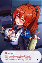 Rule 34 | +++, 1girl, :d, alcohol, bed, bedroom, beer, beer can, black gloves, black jacket, black shorts, blush, breasts, can, character name, cleavage, collared shirt, drink can, drunk, english text, fingernails, gloves, heart, highres, holding, holding can, honkai (series), honkai impact 3rd, indoors, jacket, large breasts, large variant set, long hair, looking at viewer, mole, mole on breast, murata himeko, murata himeko (arctic kriegsmesser), open mouth, pantyhose, partially fingerless gloves, pillow, ponytail, pov, red hair, shirt, shorts, smile, solo, variant set, white pantyhose, white shirt, yellow eyes, zero130