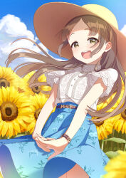 Rule 34 | 1girl, birthday, blue sky, blush, cloud, day, field, flower, flower field, gakuen idolmaster, hat, highres, idolmaster, kuramoto china, looking at viewer, open mouth, outdoors, skirt, sky, solo, stretching, summer, sun hat, sunflower, sunflower field, teeth, upper teeth only, usagichama, watch, wind, wristwatch